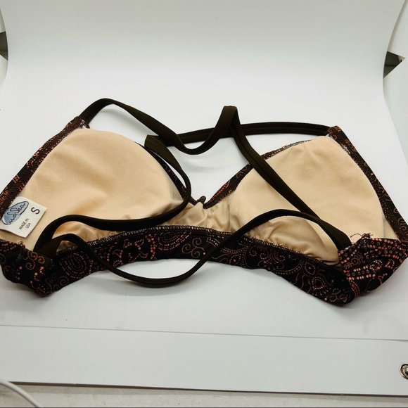 NWOT MELIKA Bikini Top Padded  Cross back Brown Pink Orange Size Small - Picture 3 of 6